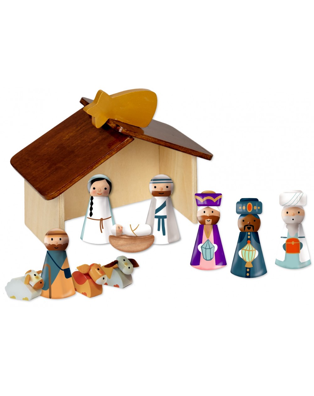 Kerststal met houten figuren