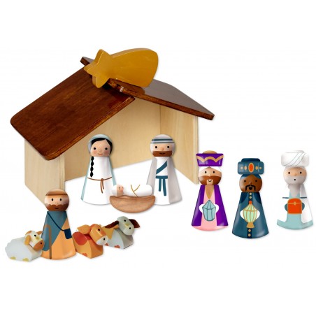 Kerststal met houten figuren
