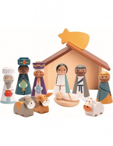 Kerststal met houten figuren