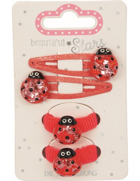 Metalen haarclips en haarelastiekjes lieveheersbeestje set van 4