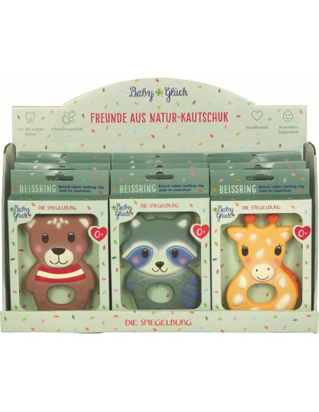 Display met 12 natuurlijke bijtringen - 3 verschilende dieren